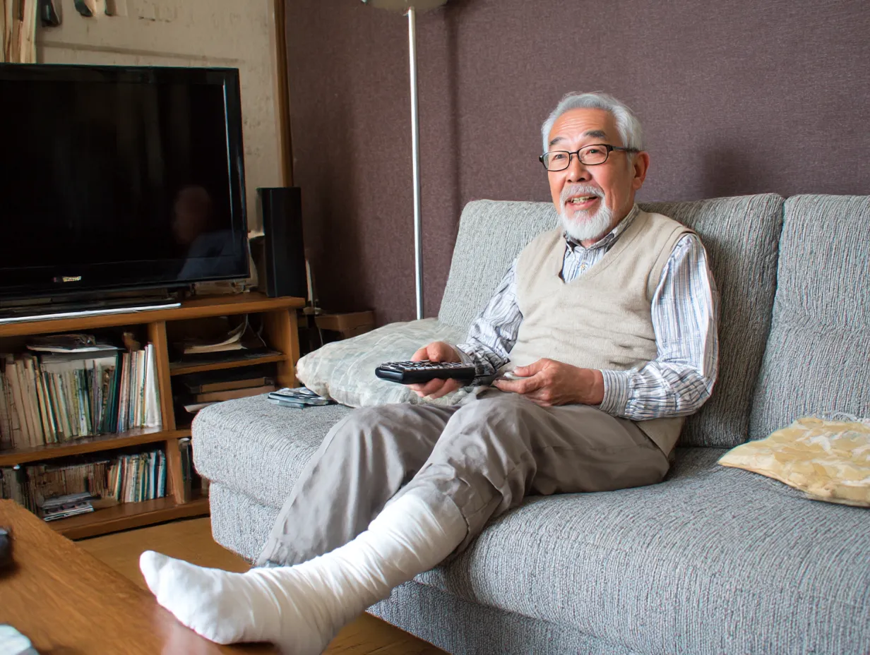 自宅ソファの高齢男性の足骨折写真｜足に包帯を巻いた高齢男性がリモコンを手に笑顔でくつろぐ室内写真。暖かな日常空間が、ケガ後も穏やかな暮らしを続ける前向きな姿を丁寧に描き出している。
