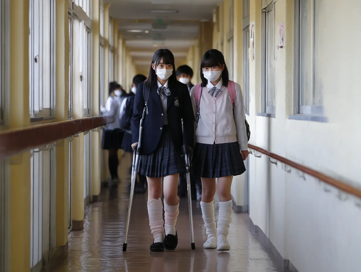 松葉杖の女子高生の足骨折写真｜制服姿の女子高生が松葉杖で友人と並んで登校する様子を廊下で切り取った一枚。マスク姿と光のコントラストが、現実的な学校生活の中の怪我を印象的に映す。