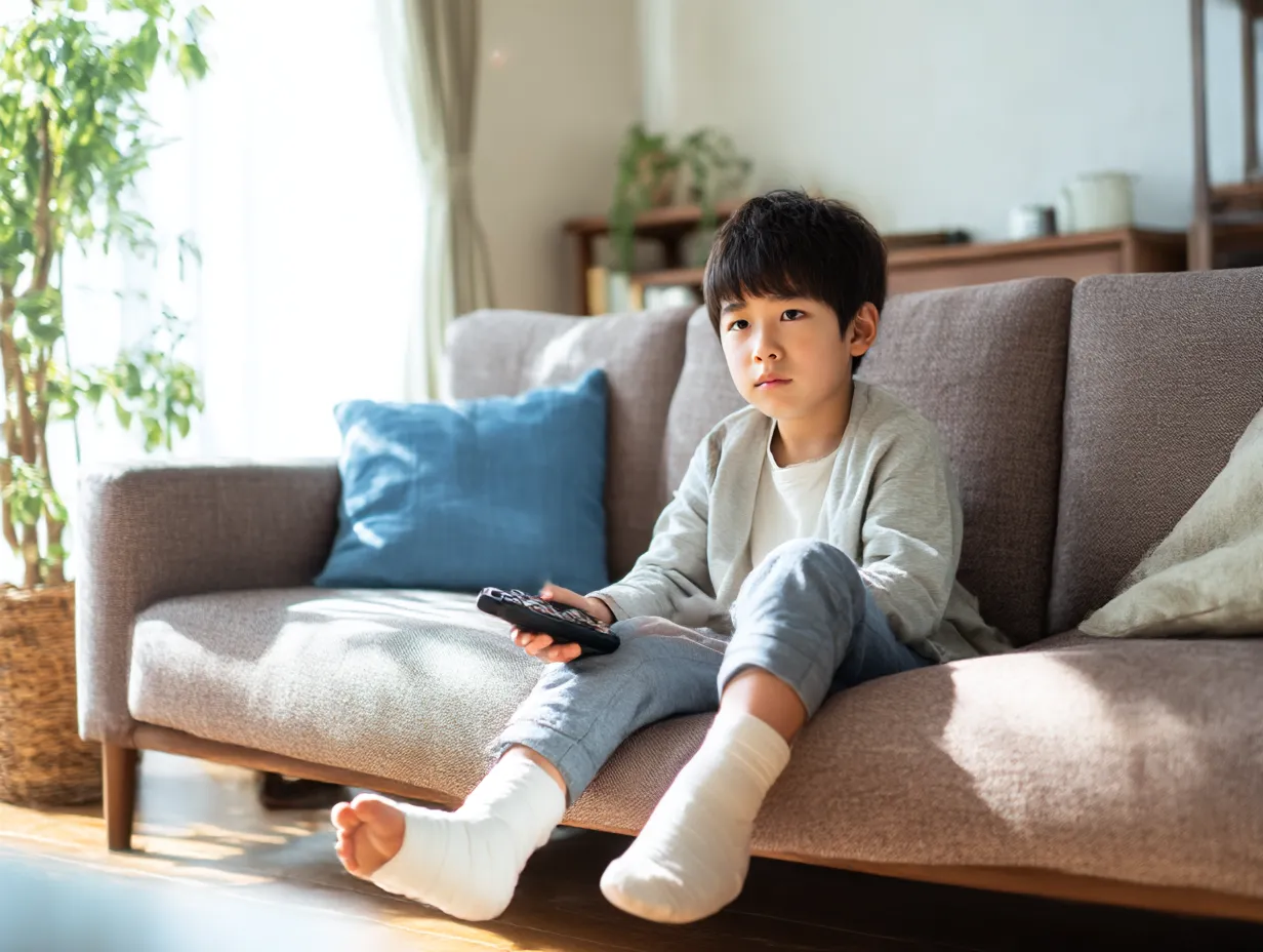 ソファで静かに過ごす男の子の足骨折写真｜足に包帯を巻いた男の子がソファに座りテレビを見る室内シーン。自然光の柔らかさと子どもの静かな表情が、回復期の穏やかなひとときを丁寧に表現している。