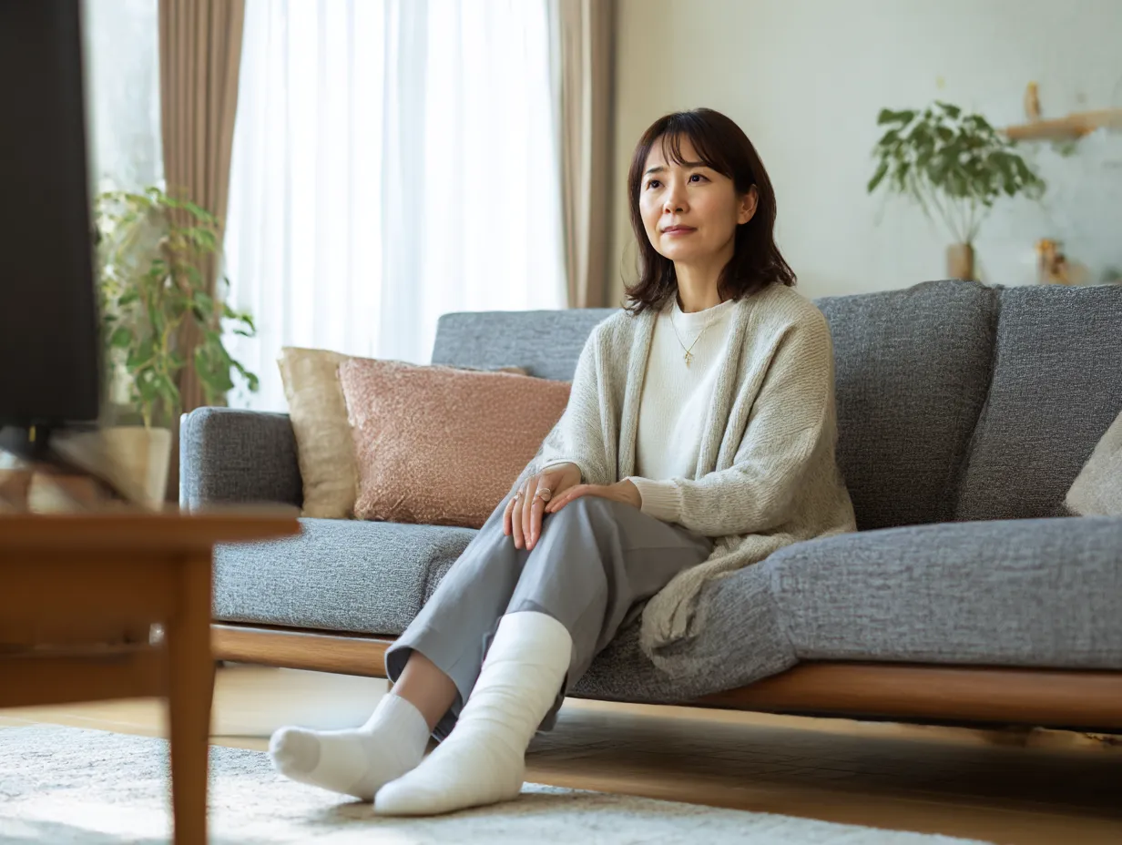 落ち着いた女性の足骨折写真｜リビングのソファに座り穏やかな表情で前を見つめる女性の姿。足に巻かれた包帯がケガを示しつつも、柔らかい日差しと落ち着いた空間が癒しの印象を与える。