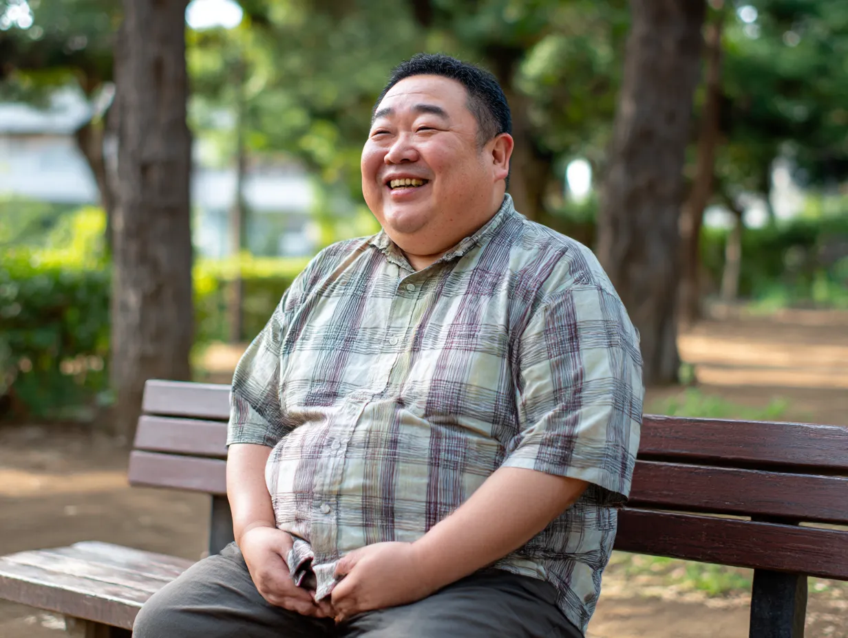 公園の太った男性の肥満写真｜木漏れ日の中でベンチに座る男性がリラックスした笑顔を見せる一枚。シャツのしわや光の柔らかさが、自然体な肥満の姿と開放的な空気感をナチュラルに表現。