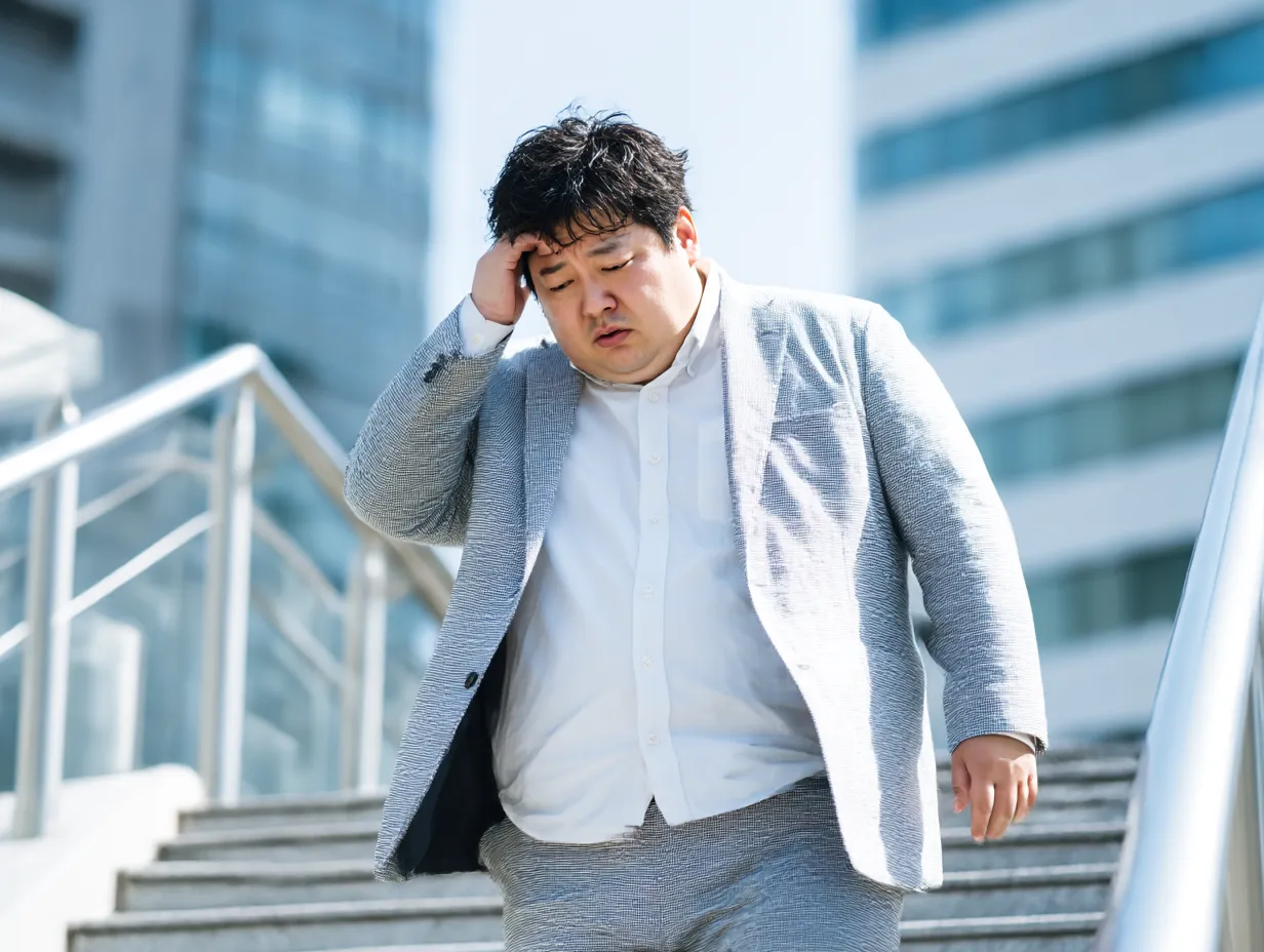 スーツ姿の男性の肥満写真｜都会の階段を下りながら額に手をあて疲れた様子のスーツ男性。ビジネス街の硬質な背景とふくよかな体型が対比され、現代人の身体的・精神的負担を印象的に演出。