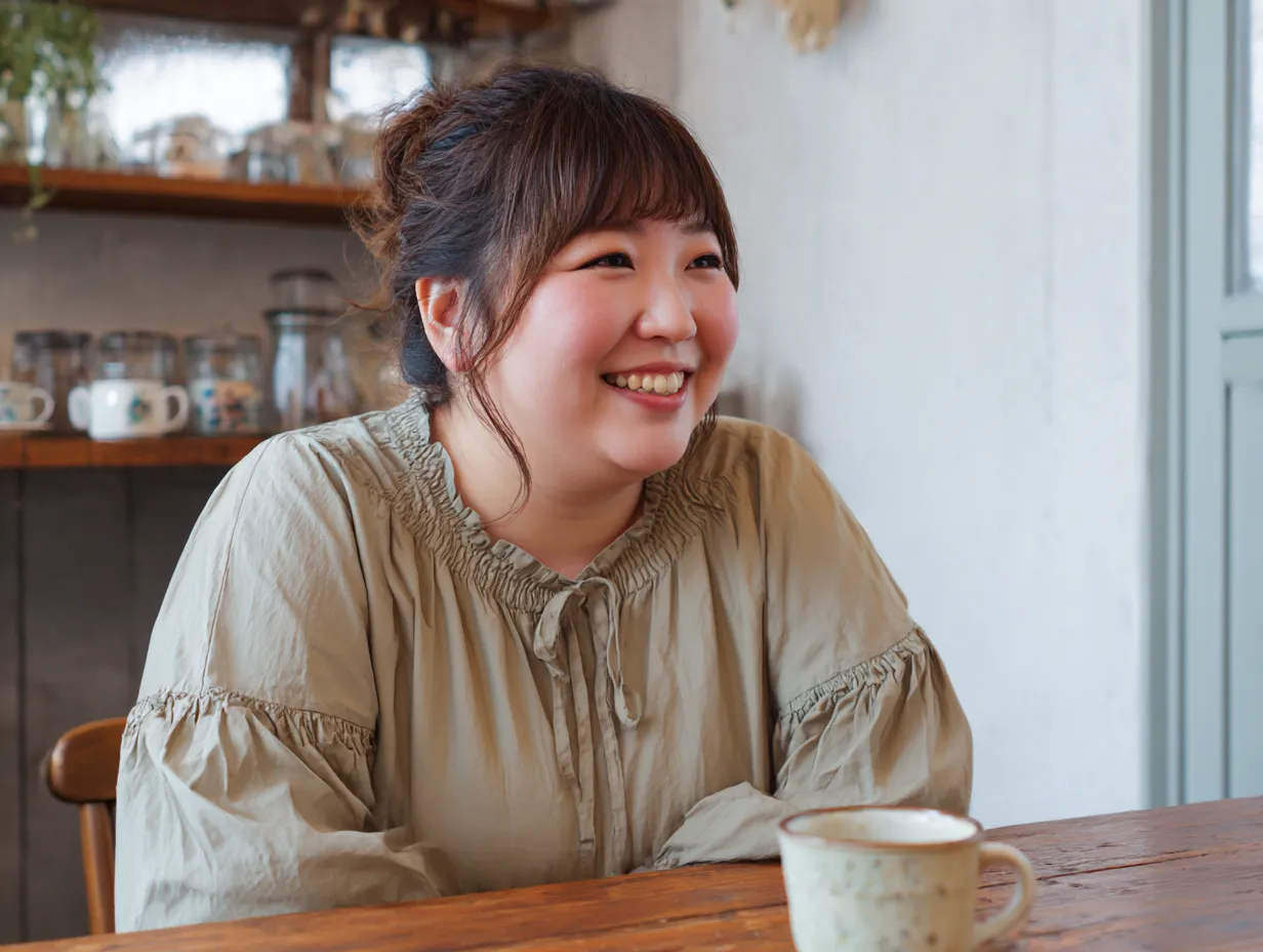 笑顔の女性の肥満写真｜木製テーブルを前に笑顔で会話する女性の室内シーン。カップや装飾も柔らかいトーンでまとめられ、温もりと親しみのある肥満女性の日常を心地よく描き出している。