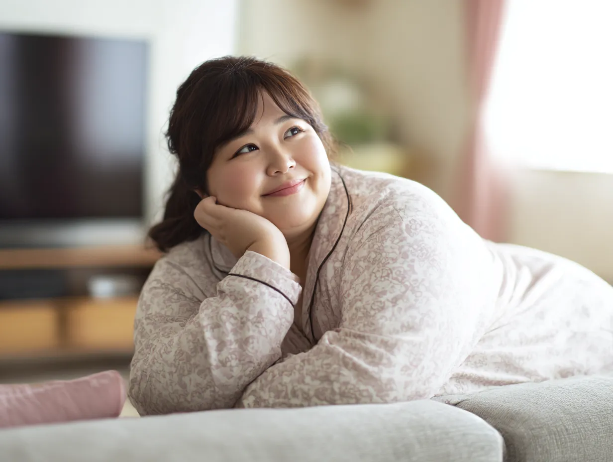 パジャマ姿の女性の肥満写真｜リビングでくつろぐパジャマ姿の女性が幸せそうに微笑む様子を撮影。やわらかな照明とインテリアが調和し、肥満体型でも心地よく過ごす穏やかな時間を印象づける。