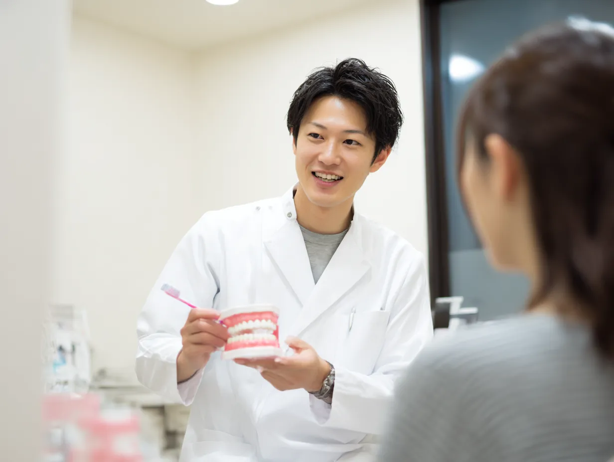 若い男性歯科医の歯科医写真｜白衣姿の若い男性歯科医が義歯模型を使ってブラッシング指導を行う様子を捉えた写真。清潔感のある背景と柔らかな笑顔が、安心感と信頼感を演出する構図。