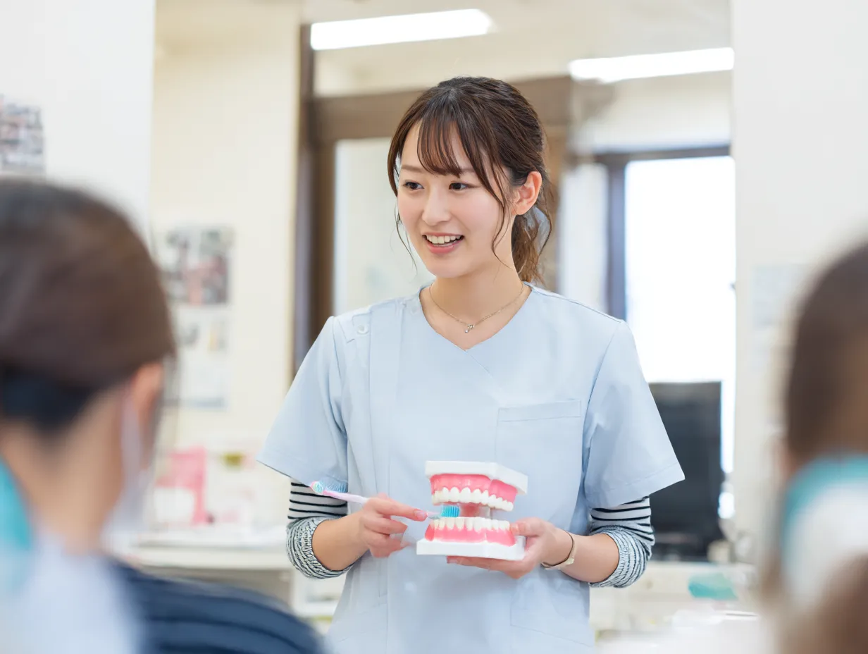 若い女性歯科衛生士の歯科医写真｜歯科クリニックで歯の模型と歯ブラシを手に説明する女性の写真。明るい照明と爽やかな表情が、清潔で親しみやすい医療現場の雰囲気をリアルに描き出す。