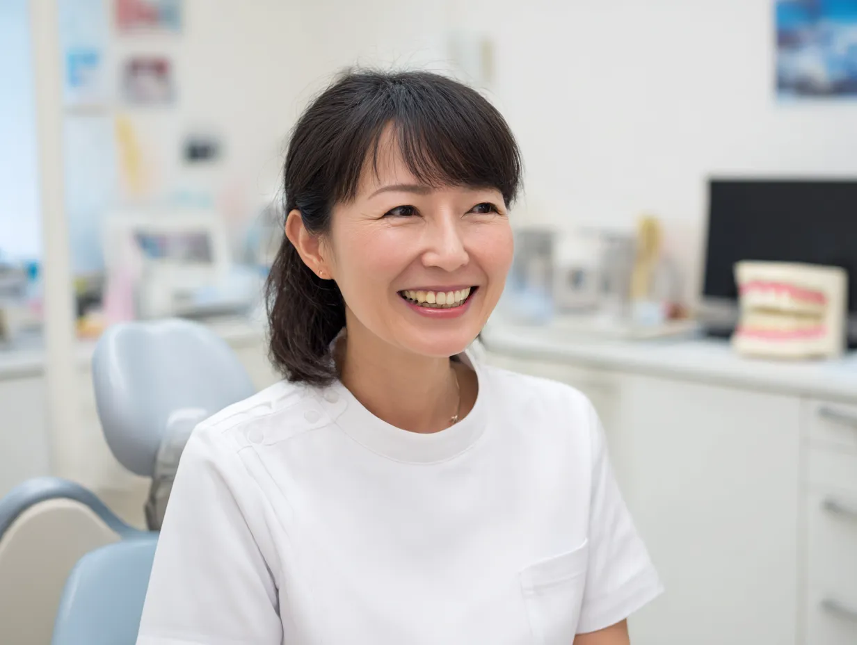 笑顔の中年女性歯科医の歯科医写真｜診察室で柔らかく笑う中年女性歯科医を捉えた一枚。白を基調とした室内が清潔感を強調し、穏やかで信頼できる医師の印象をやさしく伝える。