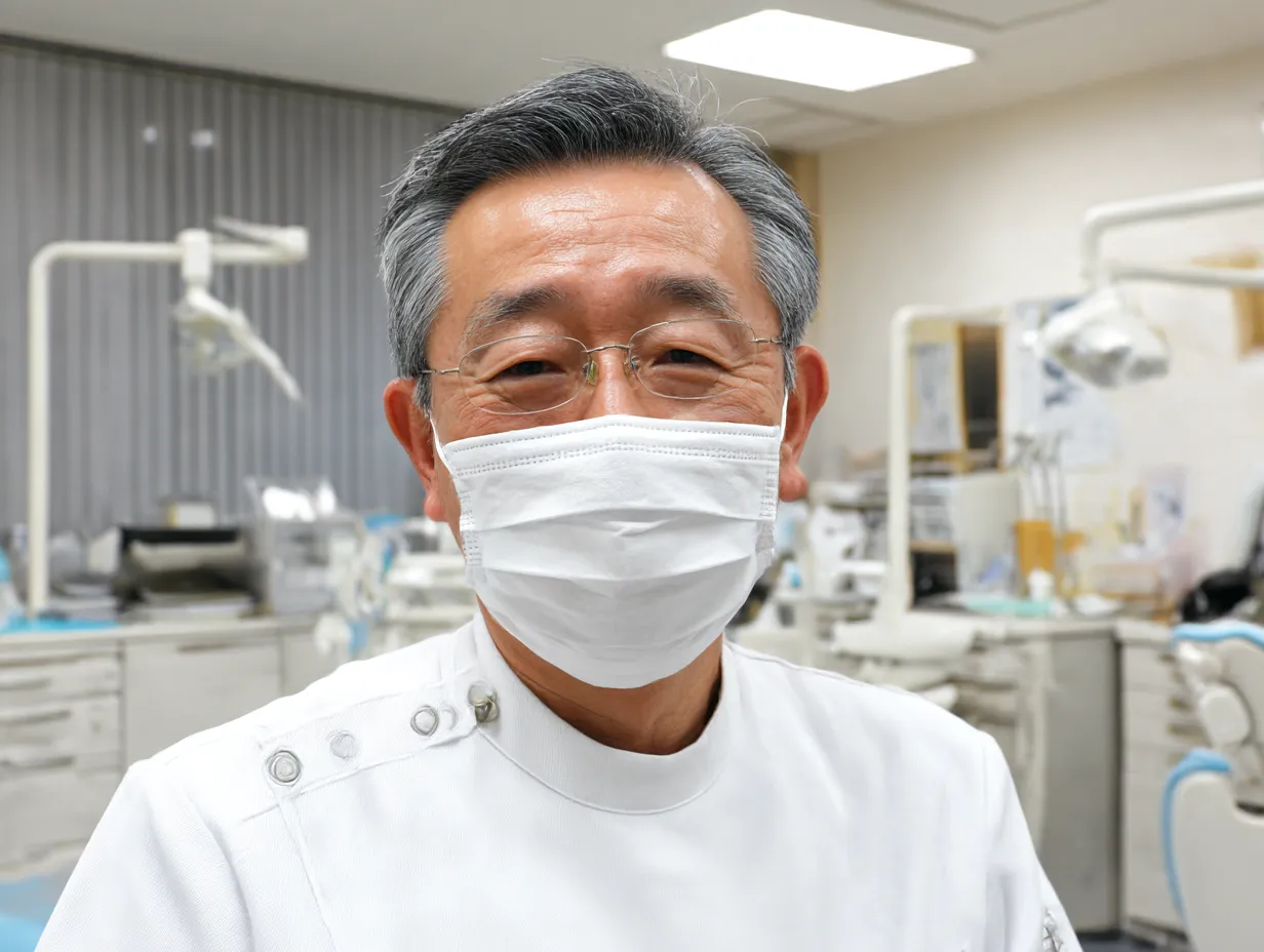 マスク姿の高齢男性歯科医の歯科医写真｜マスクとメガネを着けた高齢の男性歯科医がカメラに微笑む写真。背景の診療器具と整った空間が、経験豊かなベテラン医師の印象を伝える落ち着いた構図。
