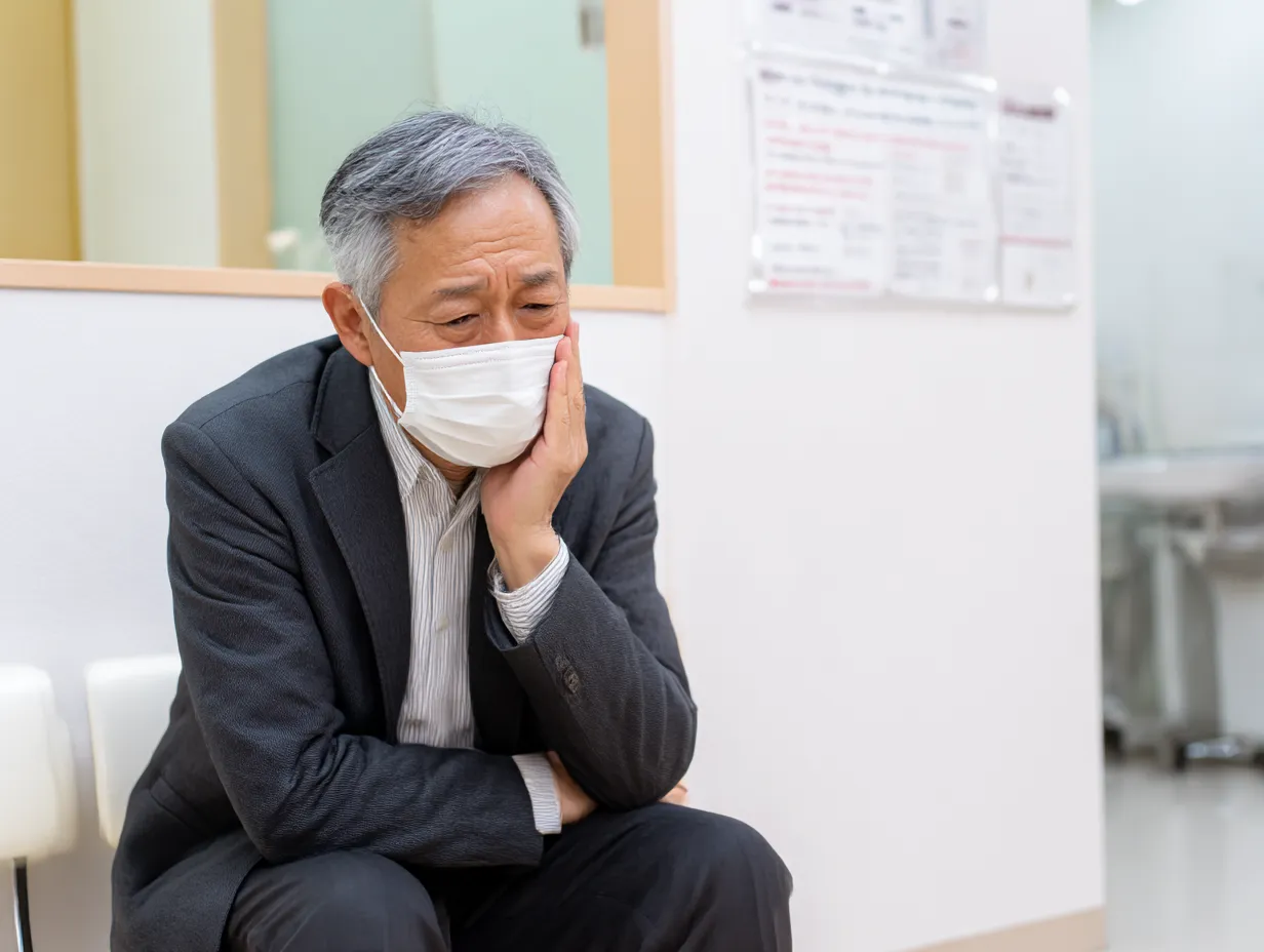 虫歯写真・待合室で耐える高齢男性｜マスク姿で待合室のベンチに座るシニア男性。スーツ姿と深刻な表情が緊急性と不安感をリアルに表現している。