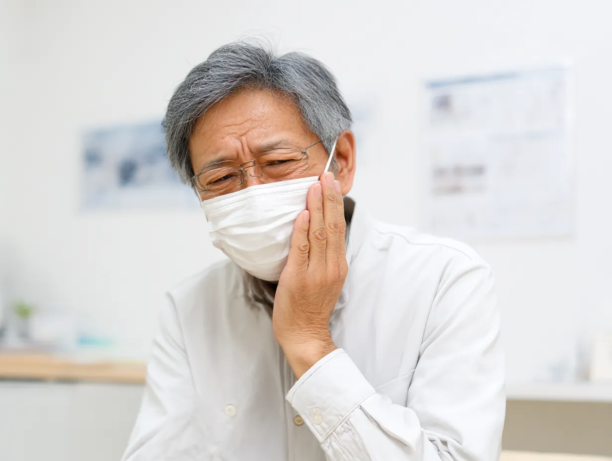 虫歯写真・診察前の高齢男性の不安｜診察室で頬を押さえる高齢男性。マスク越しのしかめ顔が痛みと不安を感じさせる、診察前の典型的なシーン。