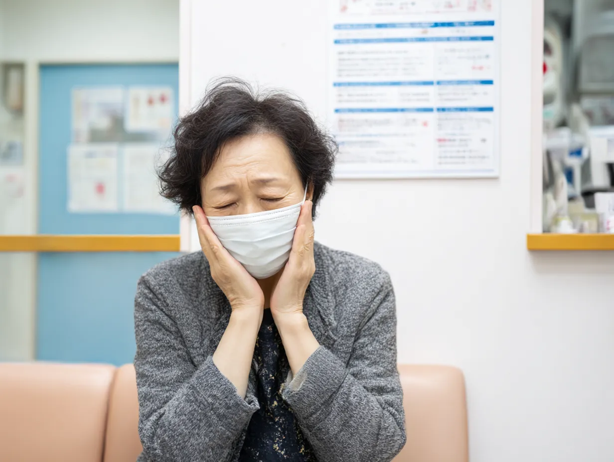 虫歯写真・診察待ちの高齢女性の痛み｜診療所の待合スペースで、マスク姿の高齢女性が痛みに顔をしかめる。手の位置と表情がリアルな虫歯の苦悩を伝える。