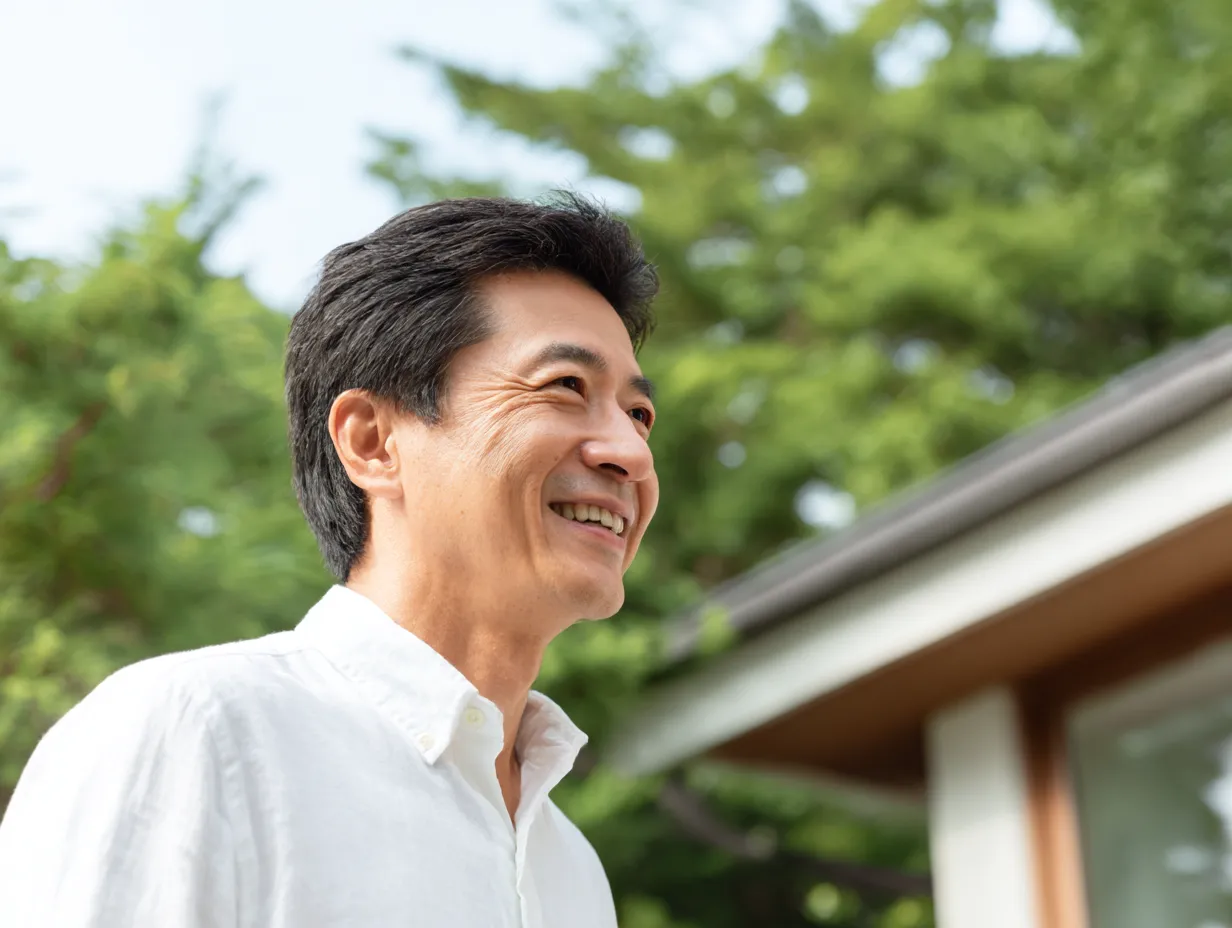 中年男性の屋外健康写真｜白シャツ姿で屋外に立ち、穏やかな笑顔を浮かべる中年男性。背景の緑と自然光が心身の安定感とライフスタイルの充実を爽やかに演出している。