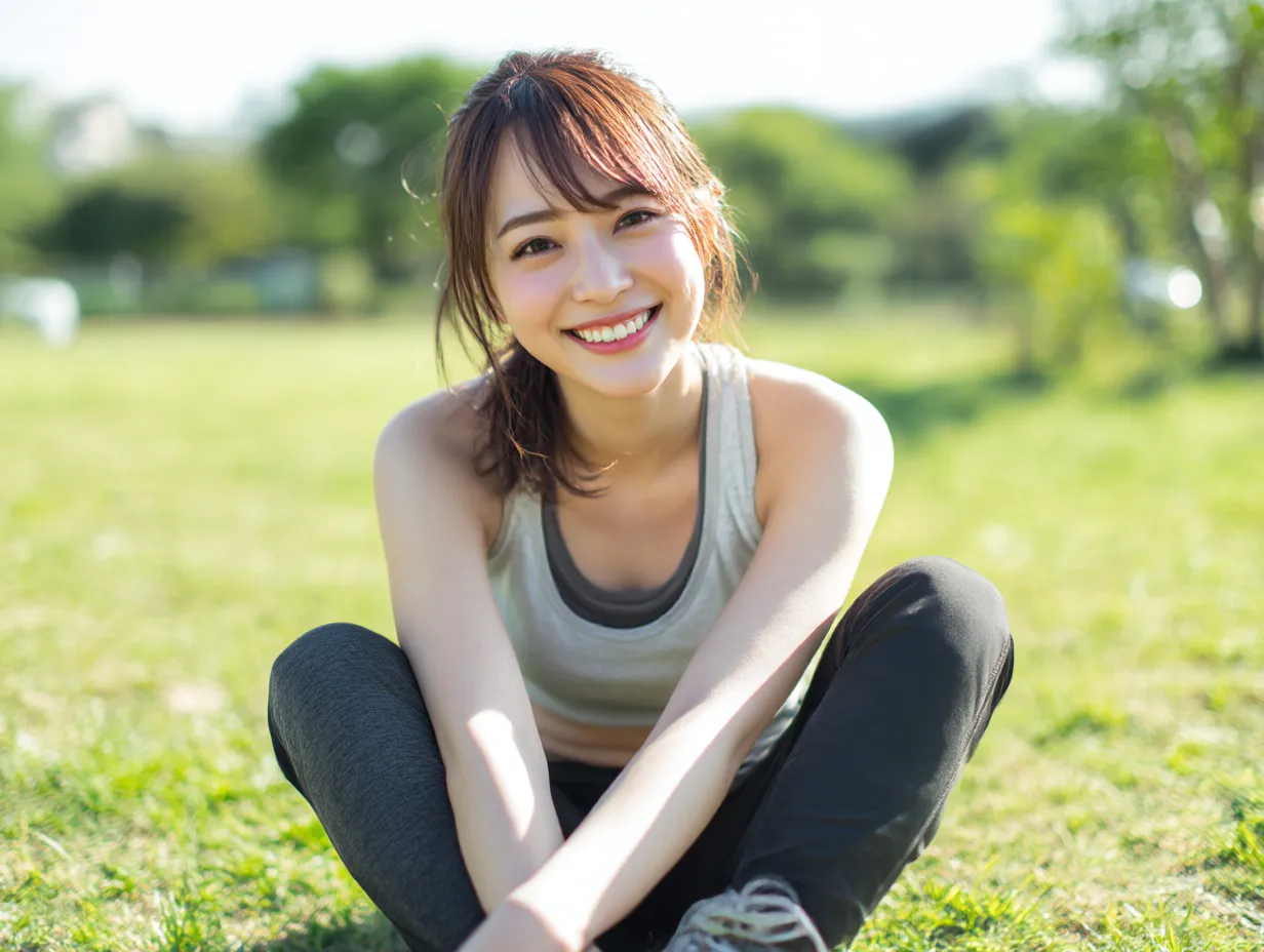 公園でくつろぐ女性の健康写真｜スポーツウェア姿で芝生に座る若い女性がカメラに微笑む構図。晴れた空と広がる緑が健康的な週末のリフレッシュ感を明るく伝えている。