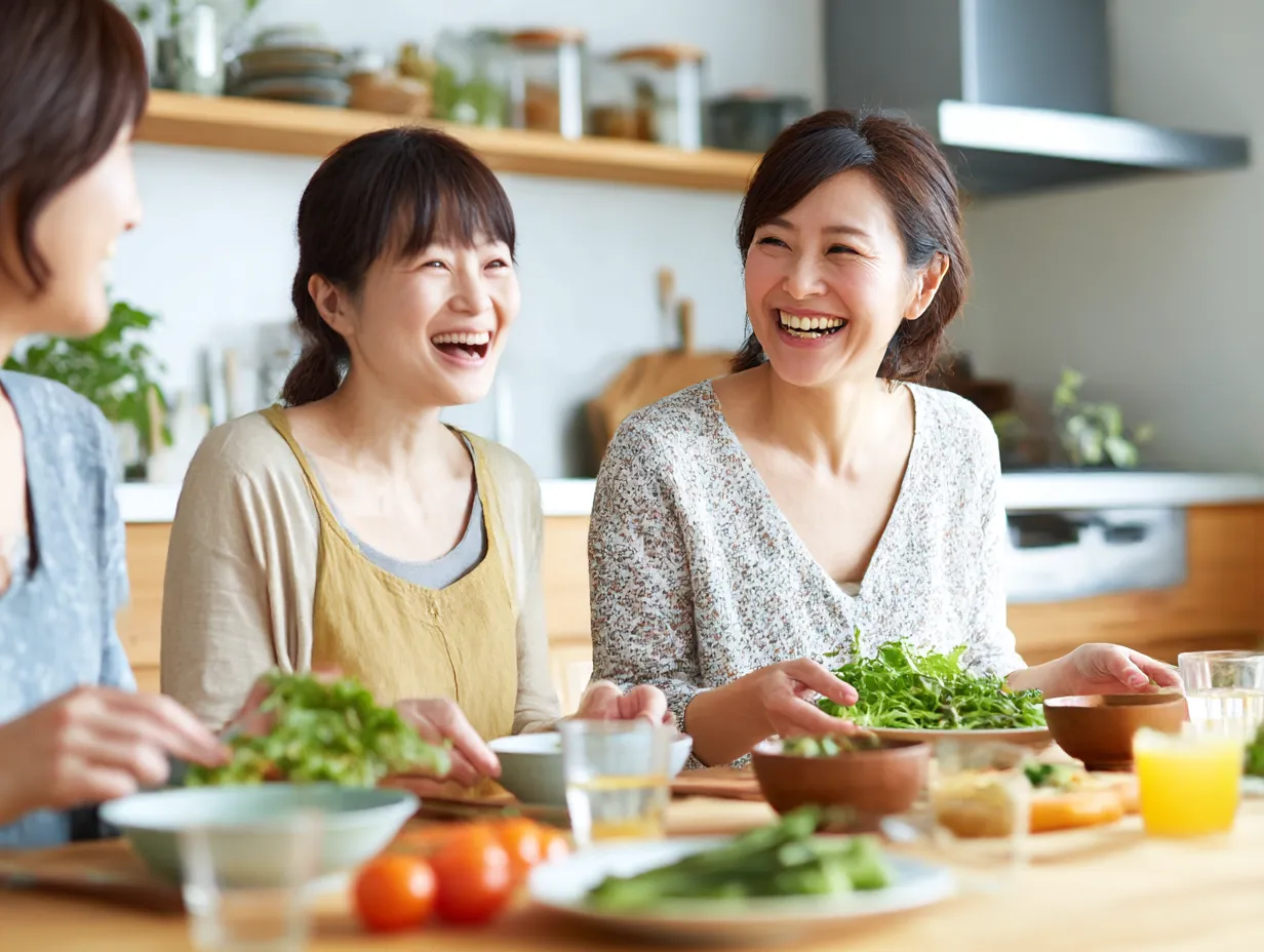 食卓で笑う女性たちの健康写真｜木の温もりあるキッチンで談笑する女性たちのシーン。新鮮な野菜と楽しげな表情が、食を通じた心身の健康や豊かな生活を象徴している。