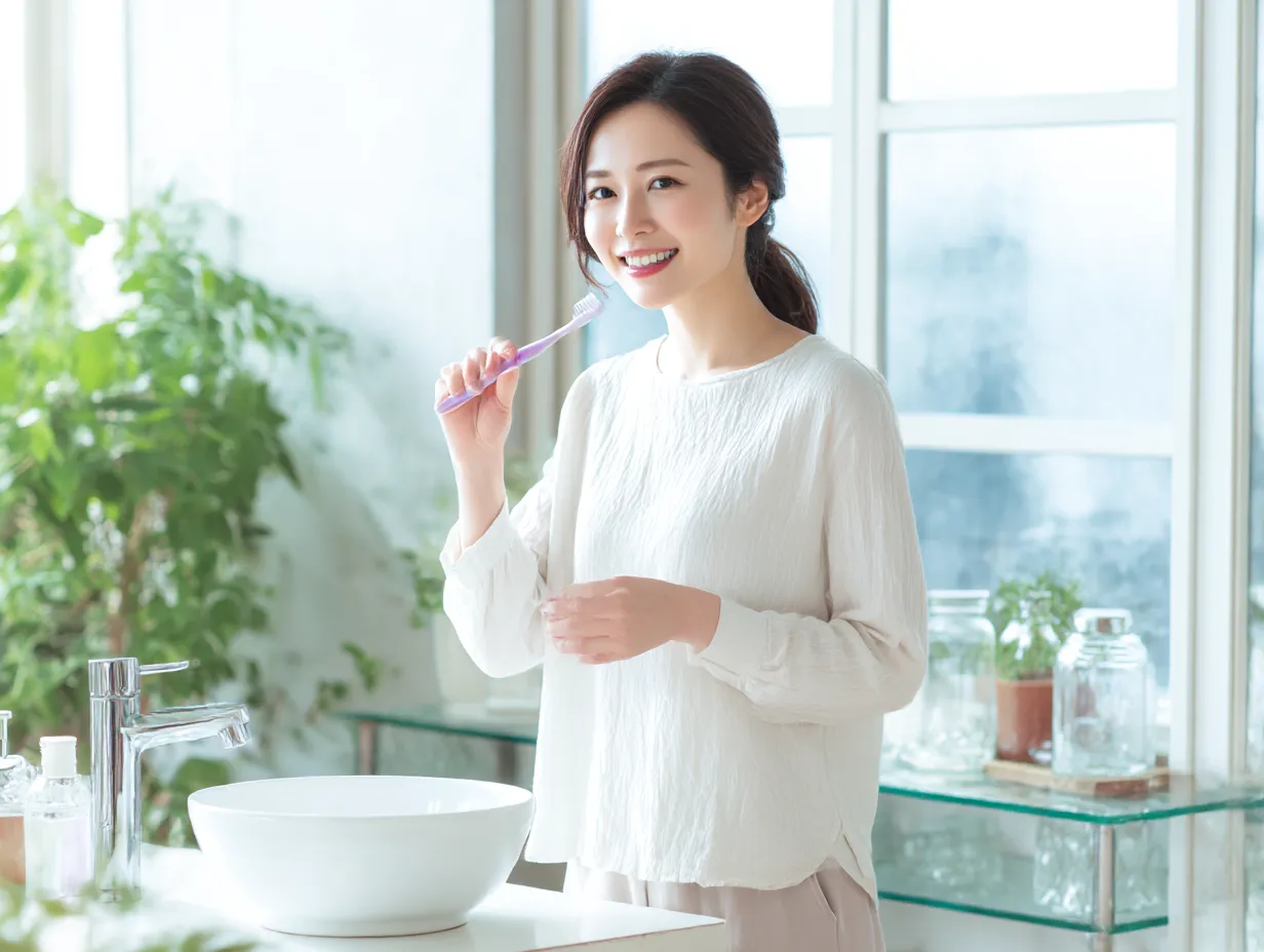 若い女性の歯磨き写真（朝の光）｜グリーンのある洗面空間で、爽やかな笑顔を見せながら歯ブラシを手にする女性。清潔感あふれる自然光と明るい色調が、健やかな生活の始まりを演出。