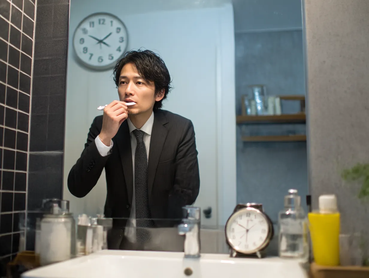 スーツ姿の男性の歯磨き写真｜出勤前のバスルームで歯を磨く真剣な表情の男性を鏡越しにとらえた構図。落ち着いた色合いと時計のある背景が、生活感と緊張感のある朝の時間を印象づける。