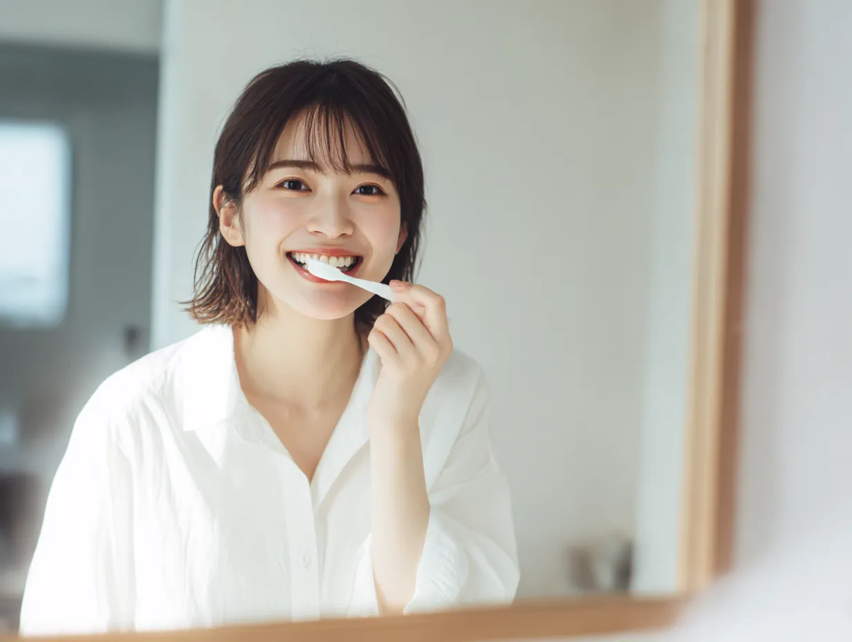 白シャツの女性の歯磨き写真｜ふんわりとした光に包まれた室内で、鏡に向かい微笑みながら歯磨きをする女性。ナチュラルなトーンが清潔感と健康的な日常をやさしく描き出している。