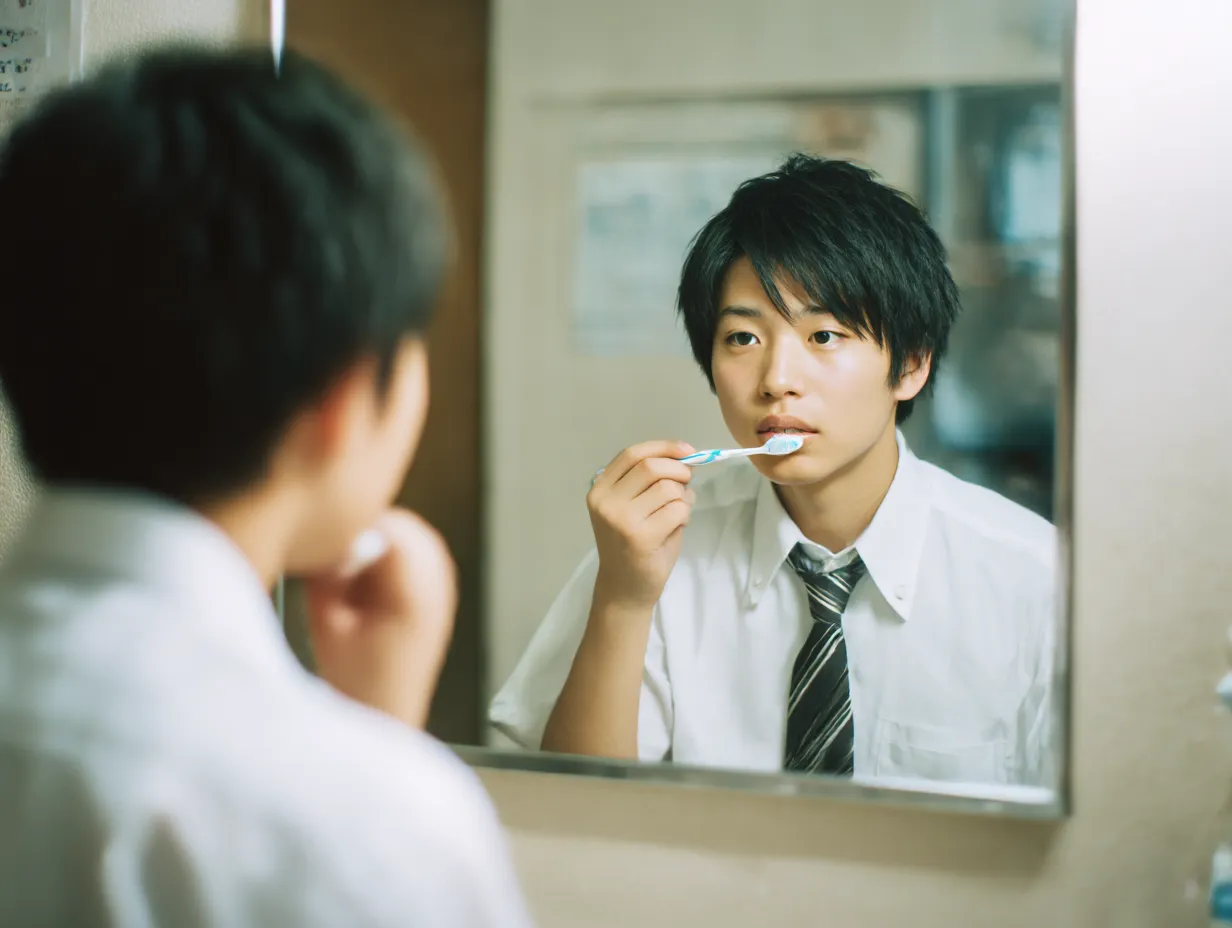 男子高校生の歯磨き写真｜制服姿で洗面台の鏡に映る自分を見つめながら歯を磨く男子学生の姿。日常の一コマを捉えたリアルな演出と自然な表情が、若さと生活感を巧みに伝える。