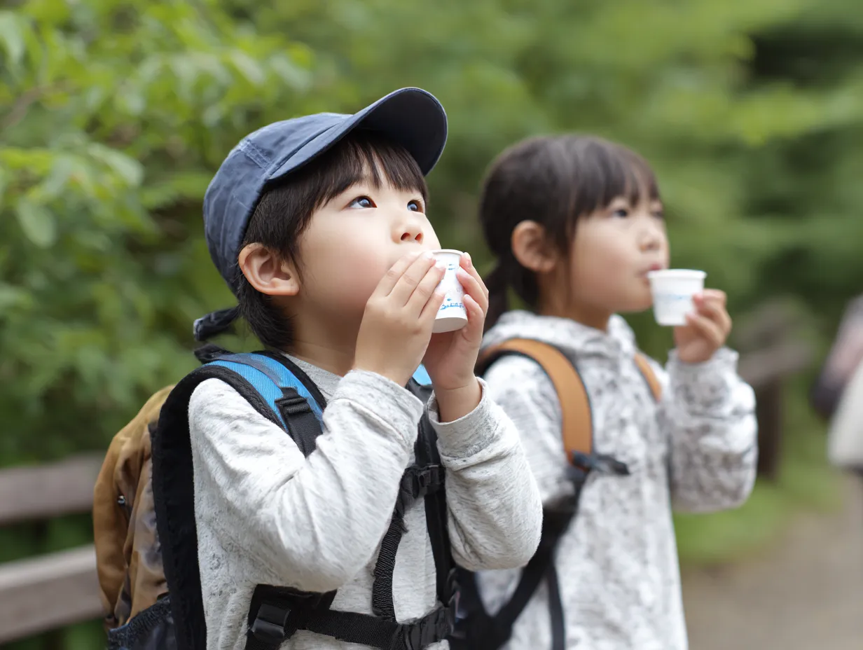 子どもたちのうがい写真（野外）｜リュック姿の子どもたちが紙コップでうがいする様子を森の中で撮影。自然光と緑の背景が健康教育やアウトドアイベントにぴったりな親しみある雰囲気を醸し出す。