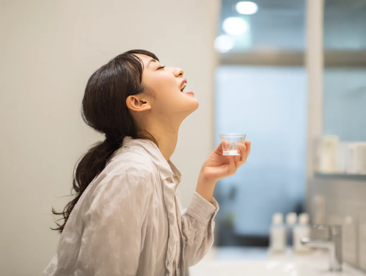 若い女性のうがい写真（洗面所）｜柔らかな室内光のなか、ガラスのコップを持って上を向く女性。清潔感と透明感ある色調が、美容意識の高いライフスタイルを印象づけ、日常的な健康ケアに自然に溶け込む。