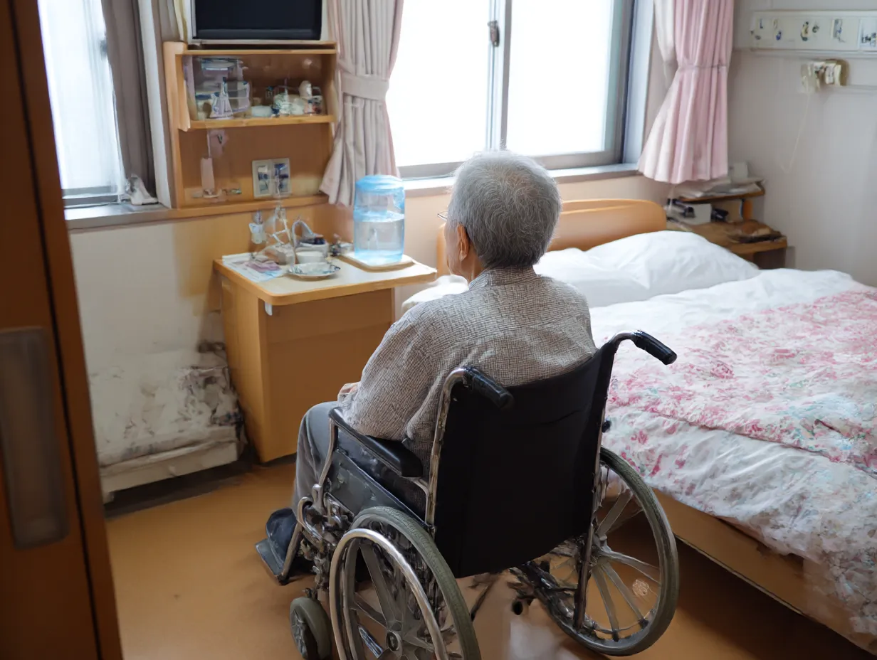 車椅子の高齢者の入院患者写真｜車椅子に座る高齢患者が窓の外を見つめる入院患者写真。生活感のある部屋と自然光が、療養生活の現実味とやさしさを映し出している。