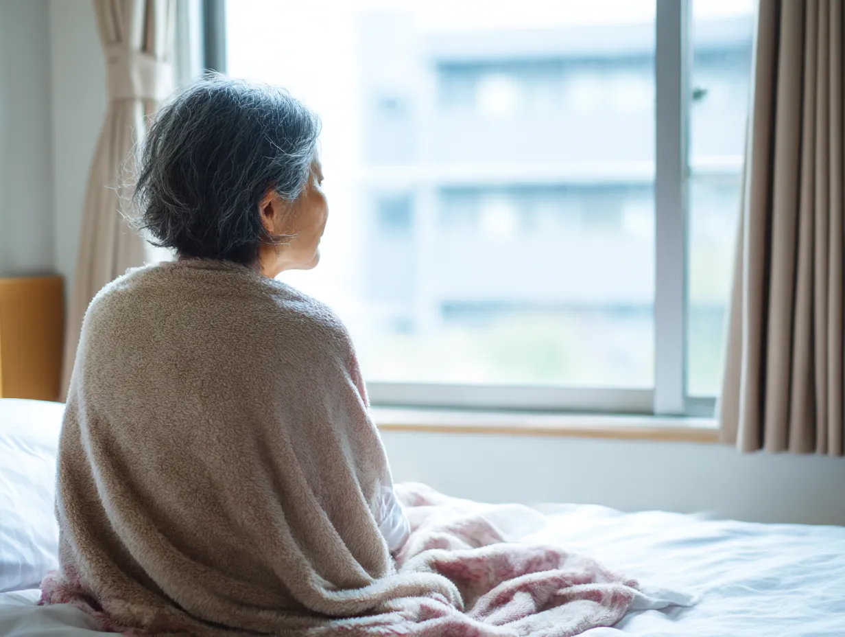 毛布をかけた高齢女性の入院患者写真｜毛布に包まれた高齢女性が窓の外を見つめる後ろ姿の入院患者写真。柔らかな自然光と落ち着いた色調が、内省や静かな時間を表現する。