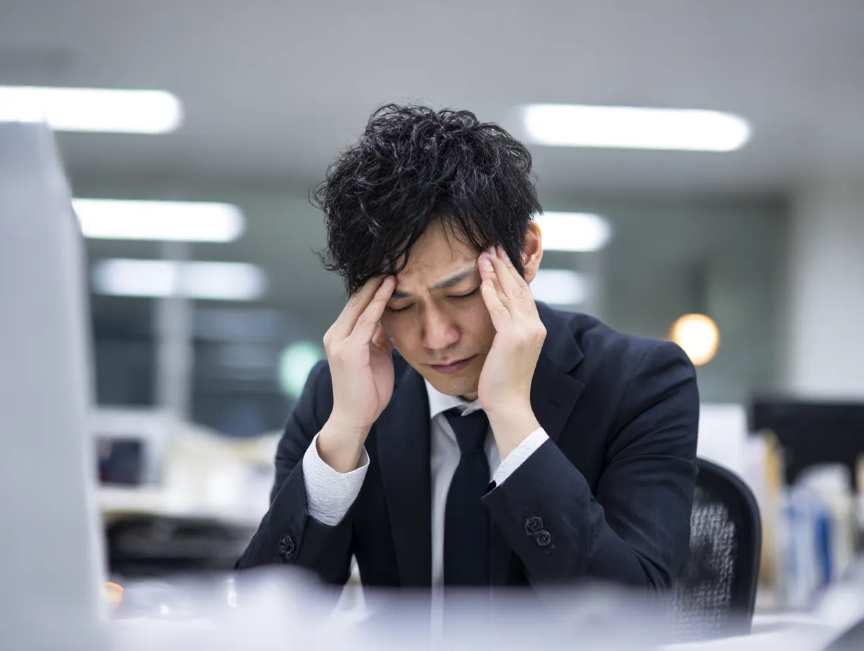 頭痛に苦しむ男性社員の病気写真｜オフィスで頭を抱えるスーツ姿の男性を捉えた病気写真。疲労感やストレスを象徴的に表す構図で、働く世代の健康問題を印象づける。