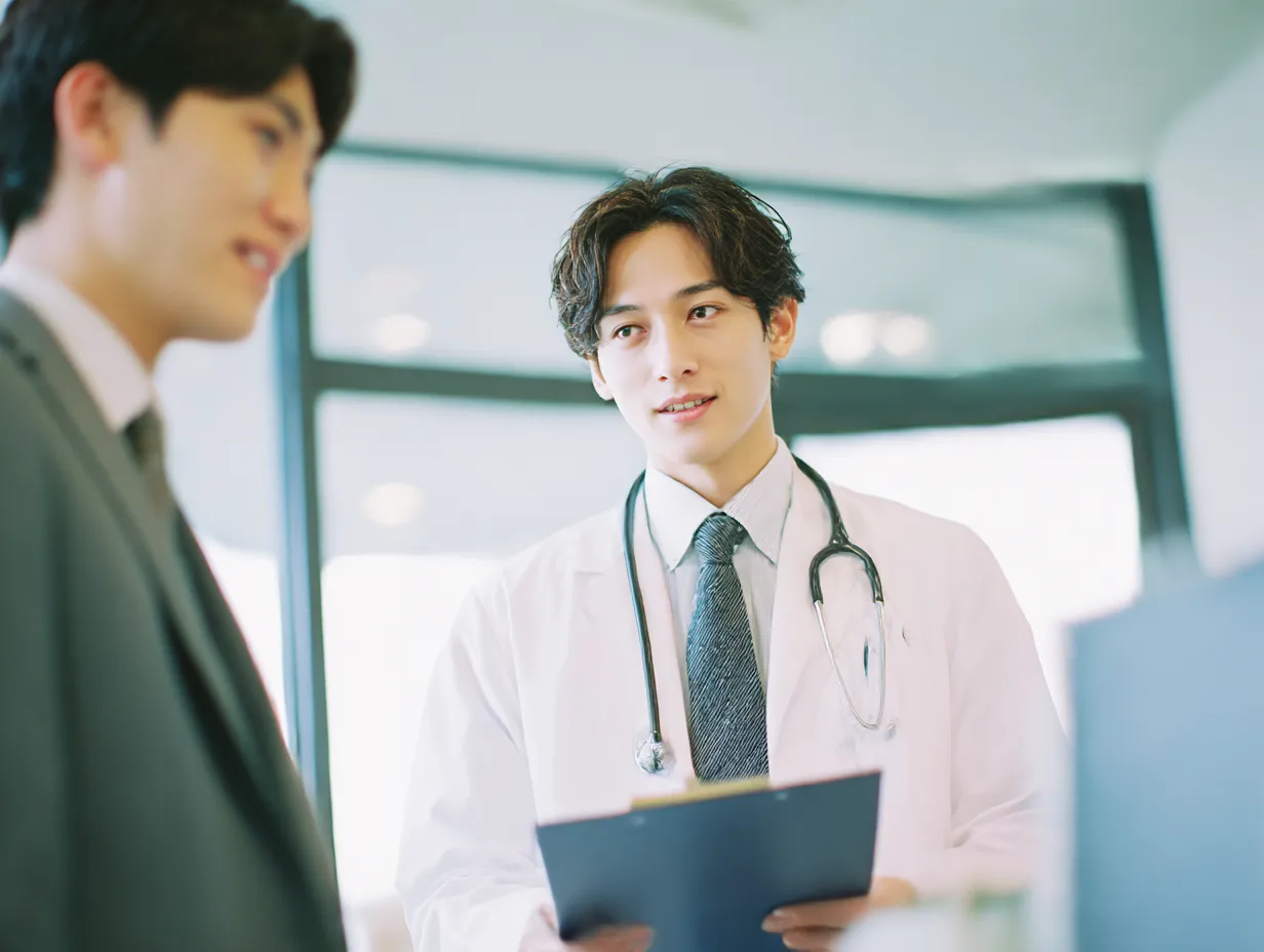若手医師とビジネスマンの診察写真｜スーツ姿の男性との対話中の若手医師を描いた診察写真。現代的な医療相談や健康診断の文脈に合うスタイリッシュな構図と色調。