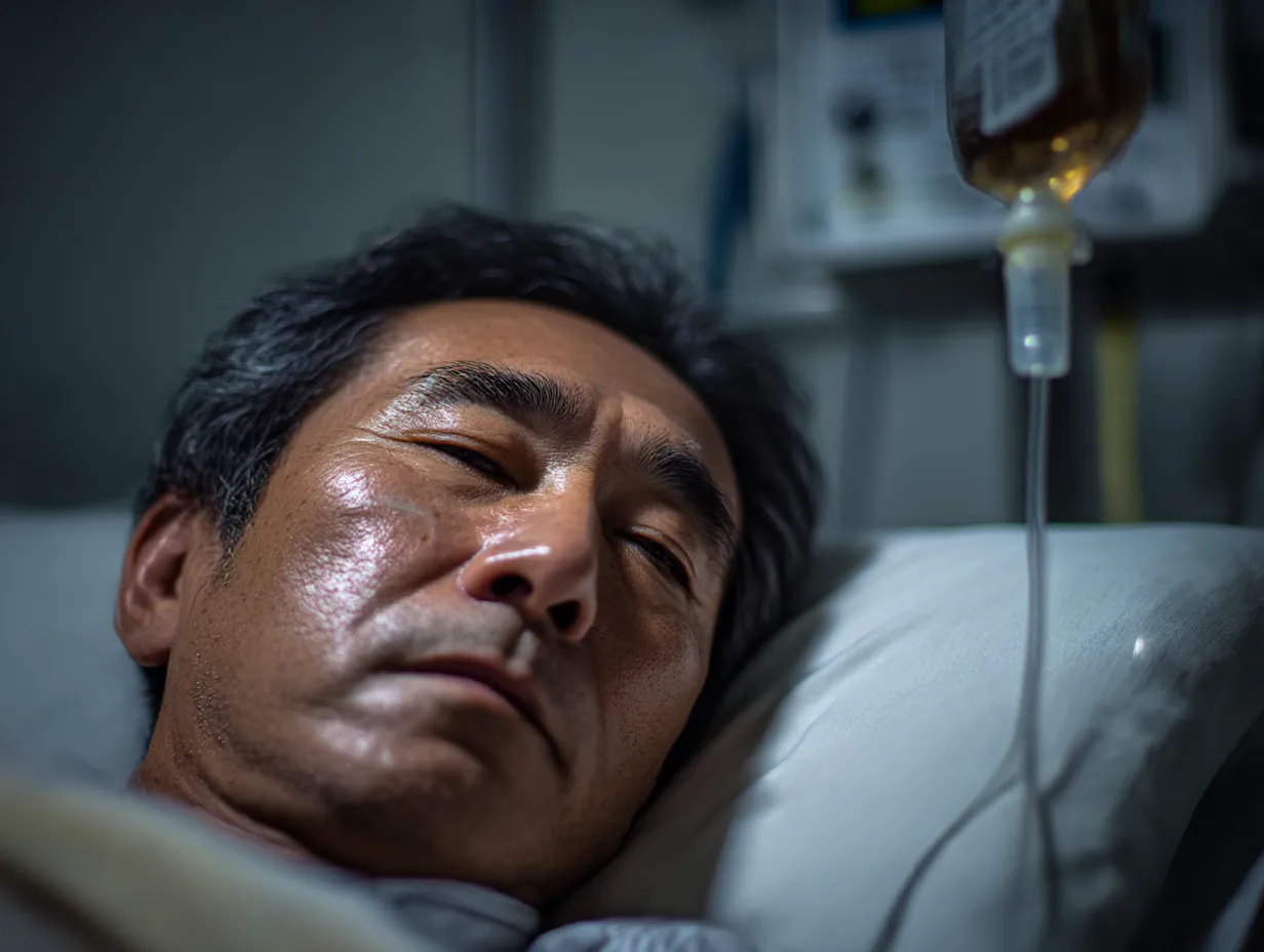 点滴を受ける中年男性の病気写真｜病室のベッドで点滴を受けながら目を閉じる中年男性の病気写真。暗めの照明と陰影が、闘病の厳しさや内面の葛藤を静かに描いている。