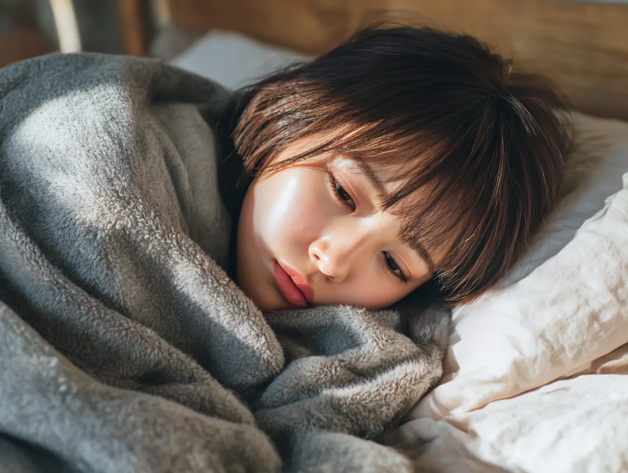 毛布にくるまる若い女性の病気写真｜自然光が差し込む室内で、体調不良の若い女性がベッドに横たわる病気写真。淡い色彩と柔らかな質感が、静かな回復への時間を描写する。