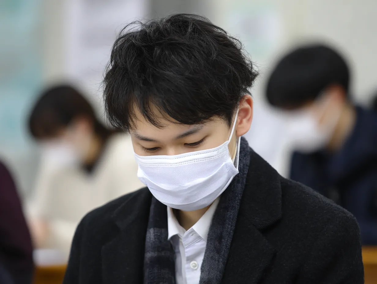 マスクを着用した学生の病気写真｜教室でうつむく学生がマスクを着けている病気写真。学業や感染対策を背景にした構図で、若者の体調管理や予防意識を表現している。