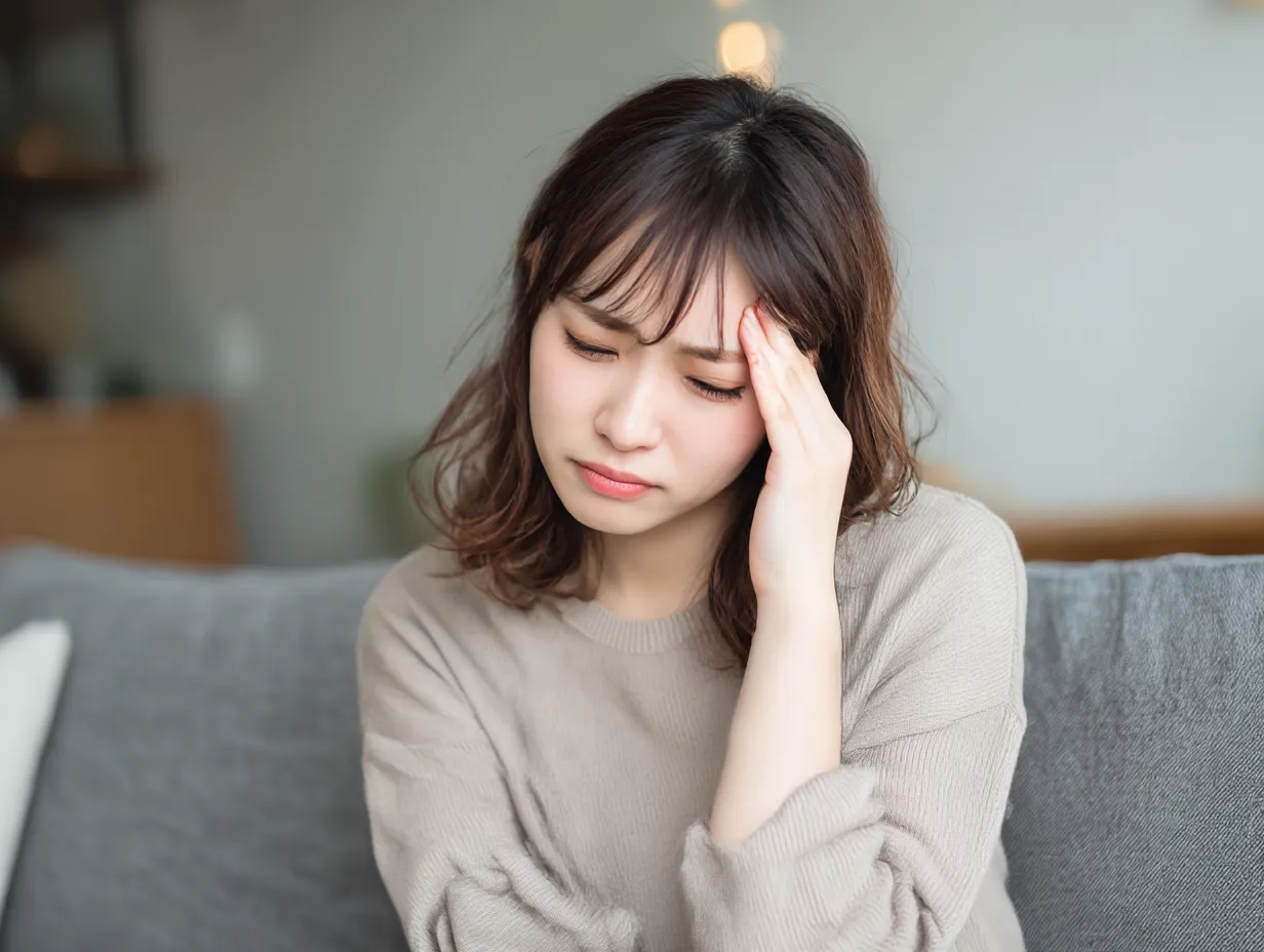 若い女性の頭がいたい写真｜やわらかい自然光のなかで、頭を押さえる若い女性の姿を捉えた写真。肌の質感や髪の動きが繊細に表現され、日常の体調不良をリアルかつ静かなトーンで描いている。