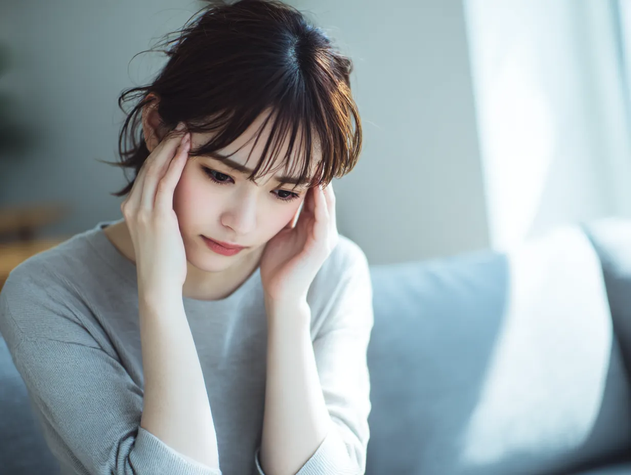 ソファの女性の頭がいたい写真｜室内でソファに座りながら頭を押さえる女性を中心にした構図。淡い色調と柔らかな光が不調のつらさを強調し、身近な悩みとして共感を誘うデザイン。