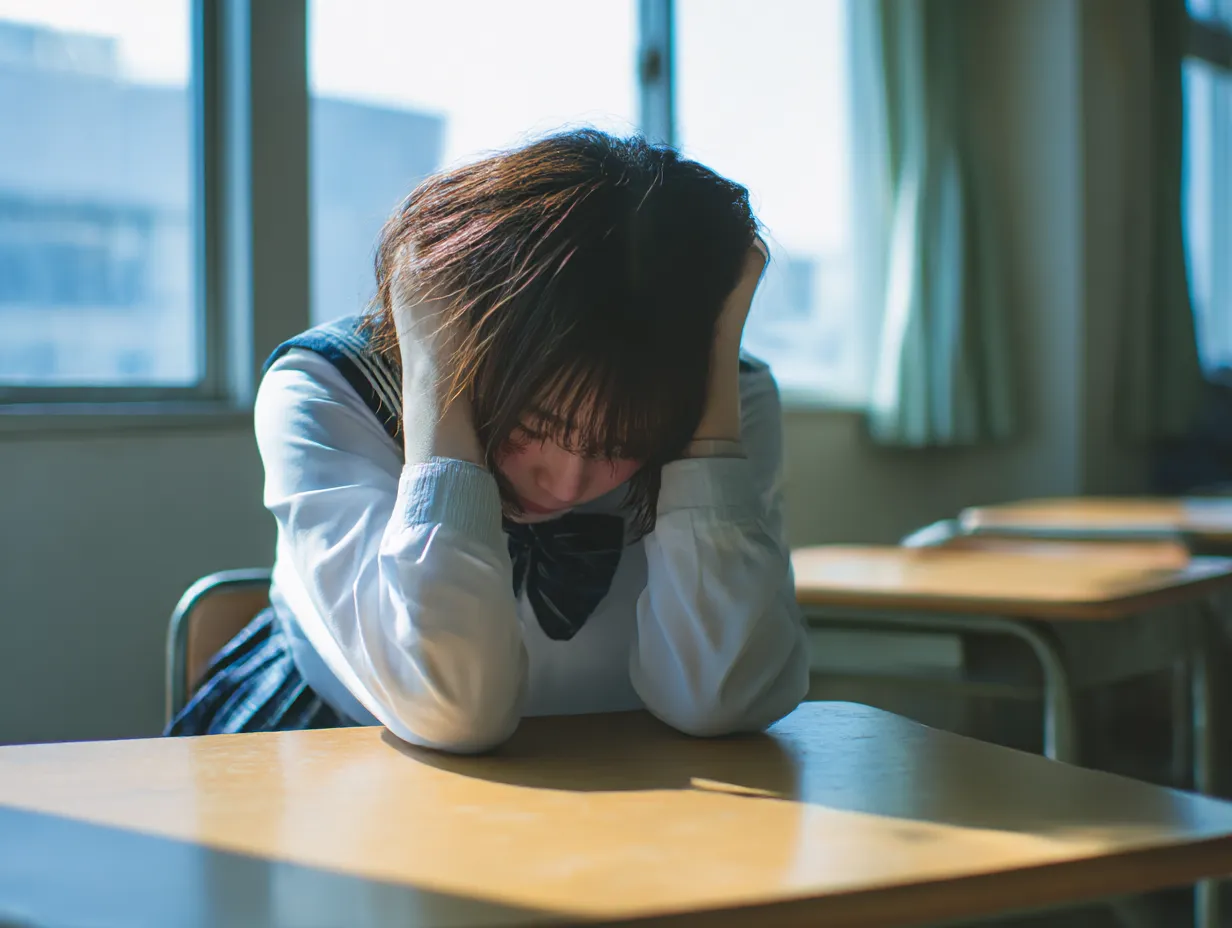 制服女子の頭がいたい写真｜教室で制服を着た女子生徒が頭を抱える姿を逆光気味に描写。青春期特有の繊細な感情や体調変化を映し出し、感傷的な空気感を帯びた印象。
