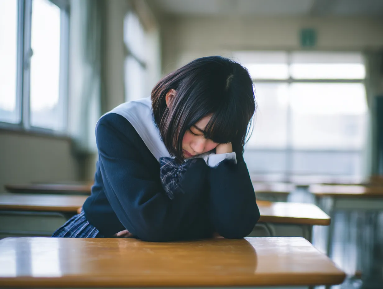 教室の女子生徒の頭がいたい写真｜机にうつ伏せになって頭を休める女子学生を落ち着いた光で描写。孤独感や不調の静けさを表すような色合いで構成されたシーン。