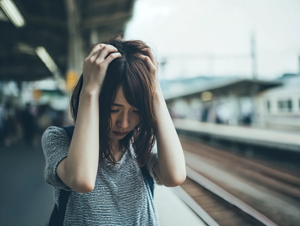 駅の女性の頭がいたい写真｜駅のホームで頭を抱える女性の姿を中心に、日常の不調が突然襲う瞬間を切り取った写真。少しフィルム調の色味で臨場感を強調している。