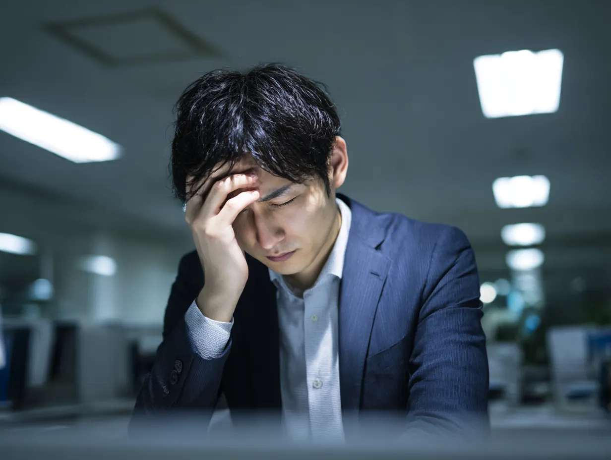 夜のオフィスの男性の頭がいたい写真｜夜のオフィスで頭痛に苦しむ若いビジネスマンを描いた作品。暗めの照明と青白い蛍光灯が疲労感や緊張感をリアルに表現している。