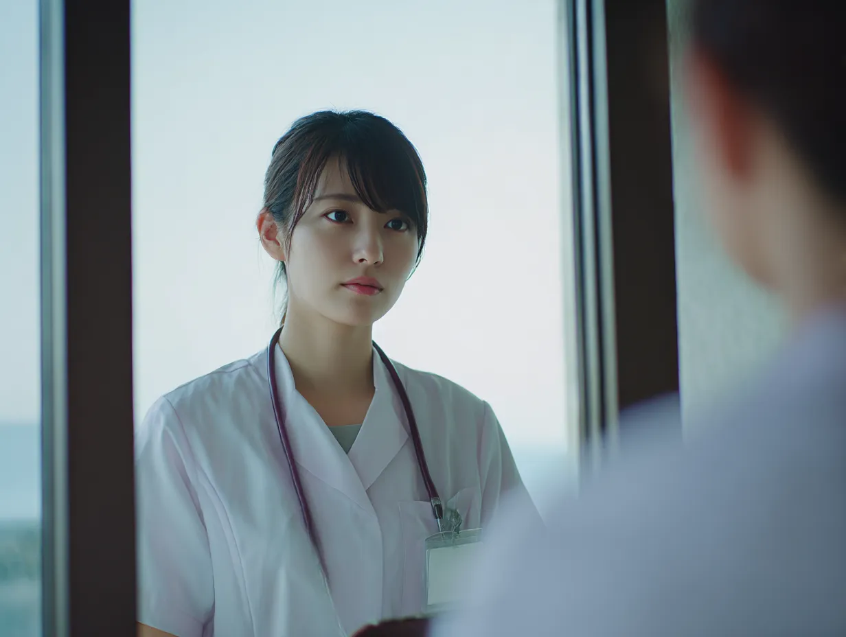 若手女性医師の診察写真｜自然光が差し込む室内で、真剣な表情の若手女性医師が患者と向き合う診察写真。落ち着いた色味と清楚な印象が特徴で、共感性を高める演出。