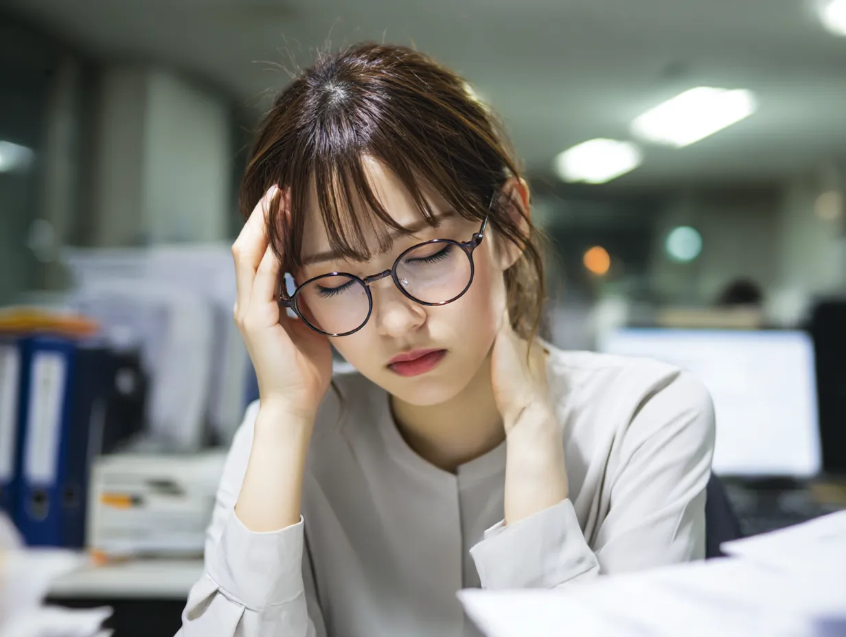 若手女性社員の頭がいたい写真｜書類に囲まれたオフィスの中、眼鏡をかけた女性が頭を抱えて目を閉じている様子を描写。現代的な働く女性の疲弊感をスタイリッシュに表現。