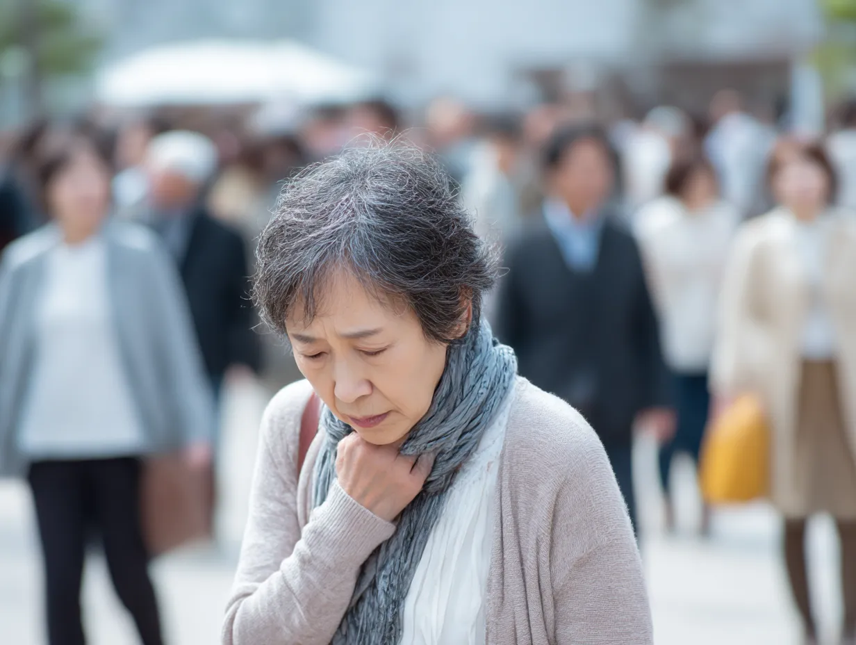 高齢女性の喉が痛い写真（街中）｜街中の雑踏を背景に、苦しげに喉元を押さえる高齢女性の姿。明るい自然光と浅い被写界深度により、人物の表情にフォーカスしたリアリティのある描写。