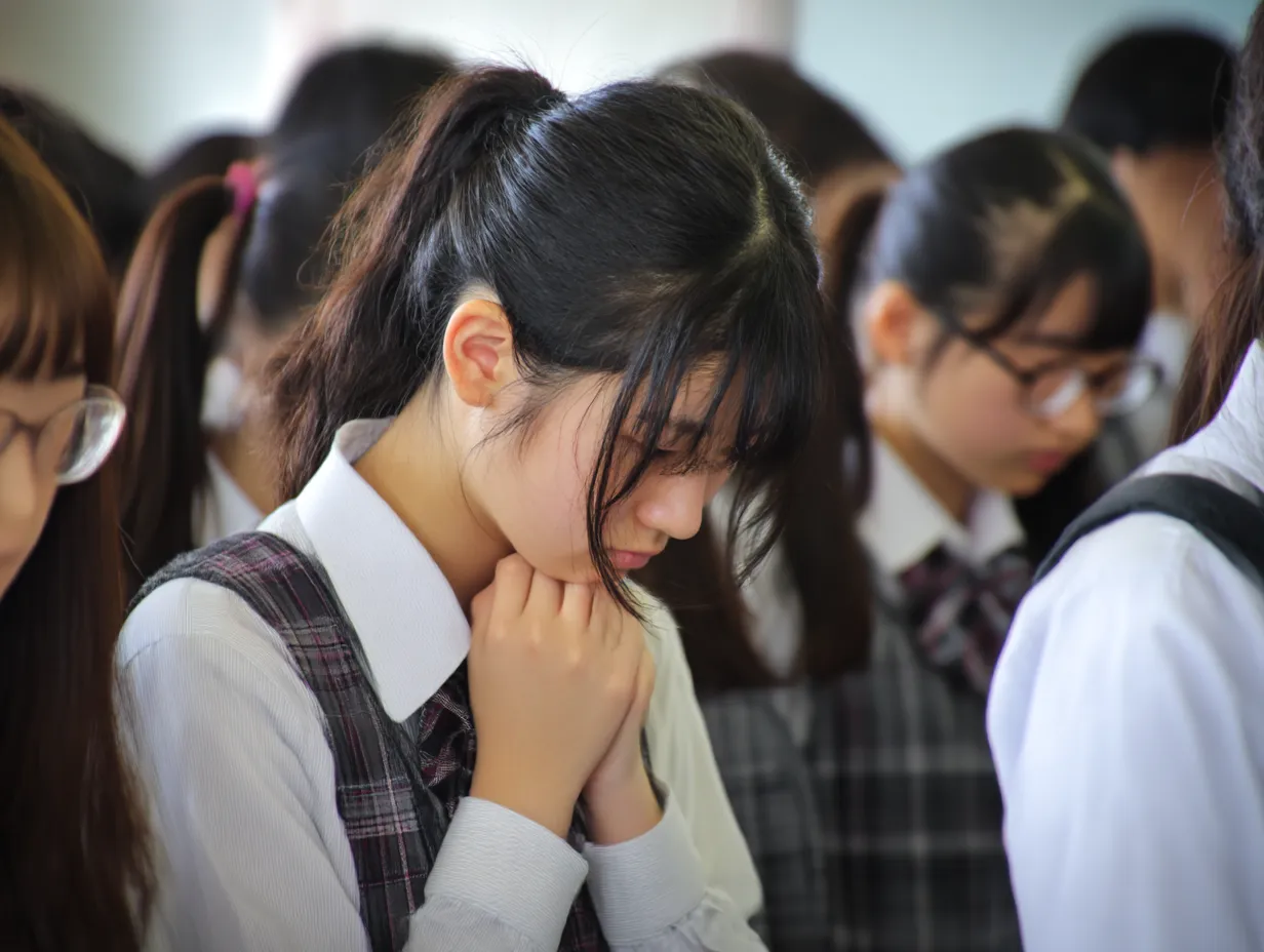 女子学生の喉が痛い写真（集団の中）｜制服姿の女子学生が集団の中で喉を押さえたポーズ。密集の中にひときわ目立つ内向きな仕草が、違和感や不調を際立たせている。色合いは自然で柔らかい。