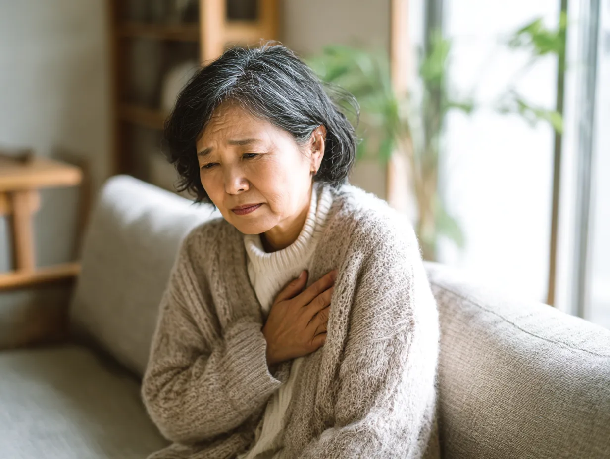高齢女性の胸が痛い写真｜柔らかな自然光の中、セーター姿の高齢女性が胸に手を当てて苦しそうな表情を浮かべています。穏やかな室内での描写により、家庭内での突然の体調不良というリアリティが伝わる一枚です。