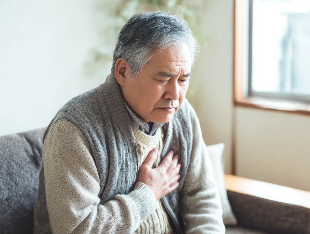高齢男性の胸が痛い写真｜優しい陽光の差し込む室内で、高齢の男性が胸を押さえて苦悶の表情を見せています。落ち着いた色調と丁寧な描写により、老年期の健康不安を静かに訴える印象を持たせます。