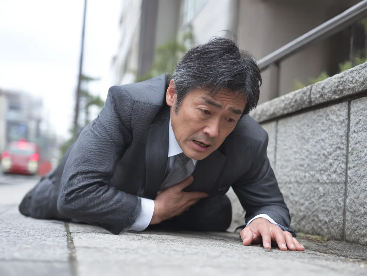 スーツ男性の胸が痛い写真｜スーツ姿の中年男性が屋外で倒れ込み、胸を押さえて苦悶する緊迫感ある瞬間を捉えた構図。都市の背景が緊張感を高め、緊急性や突然の発作を視覚的に強調するリアルな画です。