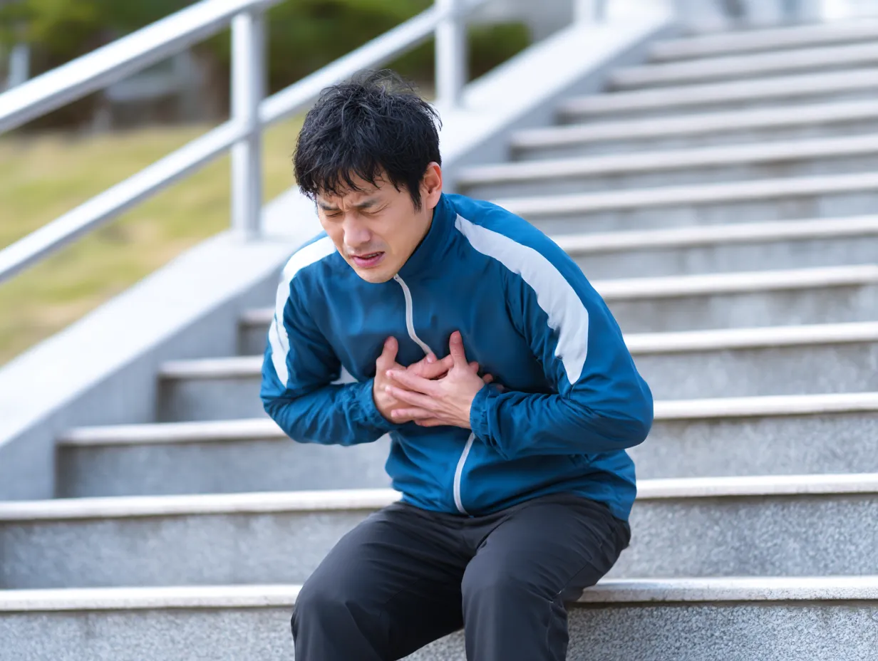 運動中男性の胸が痛い写真｜トレーニングウェア姿の男性が階段に座り込み、胸を押さえて痛みに耐える様子を表現。運動中の突然の症状というシチュエーションが、若年層にも潜むリスクを示唆しています。