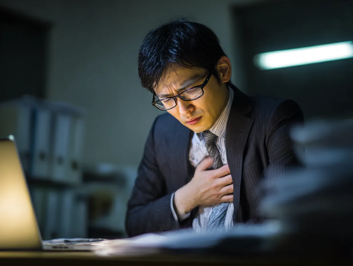 残業中男性の胸が痛い写真｜薄暗いオフィス内、眼鏡の若い男性がスーツ姿で胸を押さえ、書類に囲まれながら痛みに顔をしかめる様子が描かれています。過労やストレスによる体調悪化を象徴する演出が印象的です。