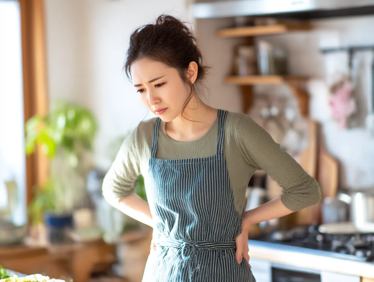 若い女性の腰が痛い写真｜キッチンで家事をしていた若い女性が、エプロン姿のまま腰を押さえて苦しむ様子を自然光の柔らかいタッチで表現。家庭内でのちょっとした負担による腰痛をリアルに伝える演出です。
