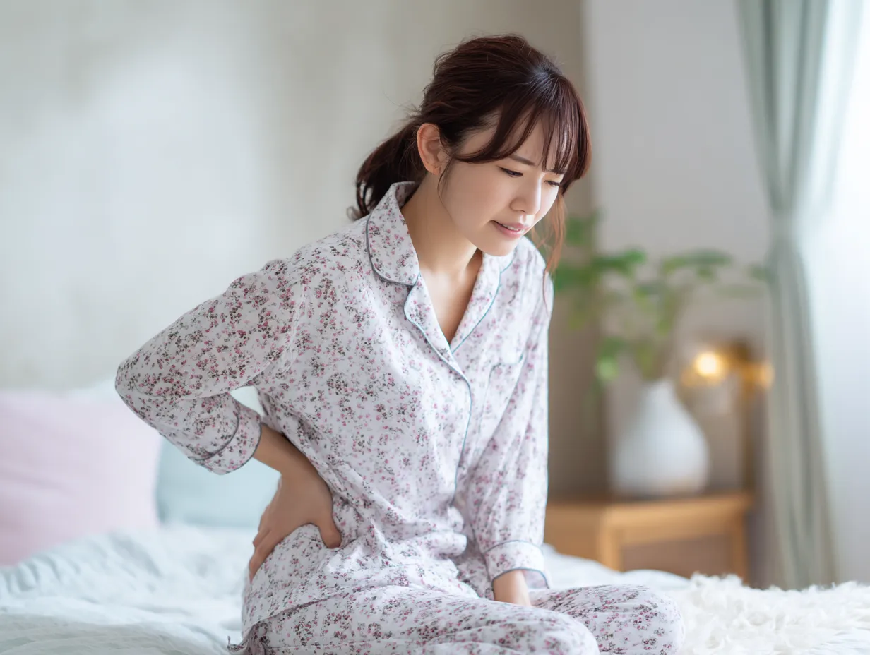 若い女性の腰が痛い写真｜柔らかい日差しが差し込む寝室で、パジャマ姿の若い女性が腰を押さえて座り込む姿を丁寧に描写。若年層でも感じる腰のだるさを、繊細な雰囲気で切り取った演出です。