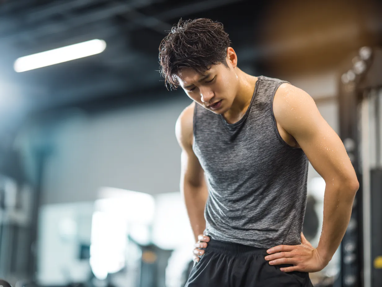筋トレ中の男性の腰が痛い写真｜トレーニングジム内で、汗だくの男性が腰に手を当てて苦しげにうつむく姿をダイナミックに捉えています。無理なトレーニングによる腰痛を象徴するリアルで力強い構図です。