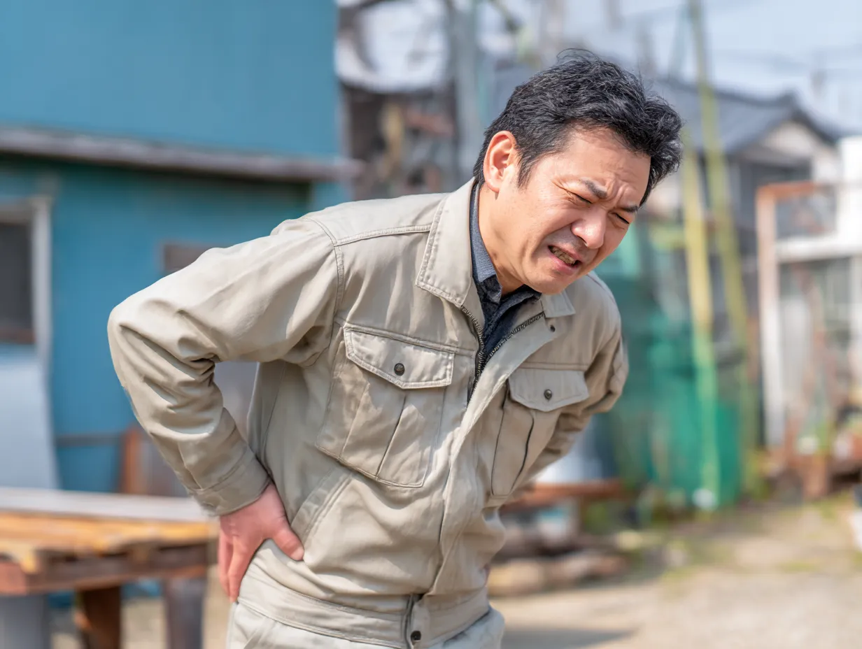 作業着の男性の腰が痛い写真｜屋外作業中の男性が作業着姿で腰を押さえ、苦悶の表情を浮かべています。明るい日差しの下、現場労働の過酷さや腰への負担を現実的かつ自然な描写で表現した一枚です。